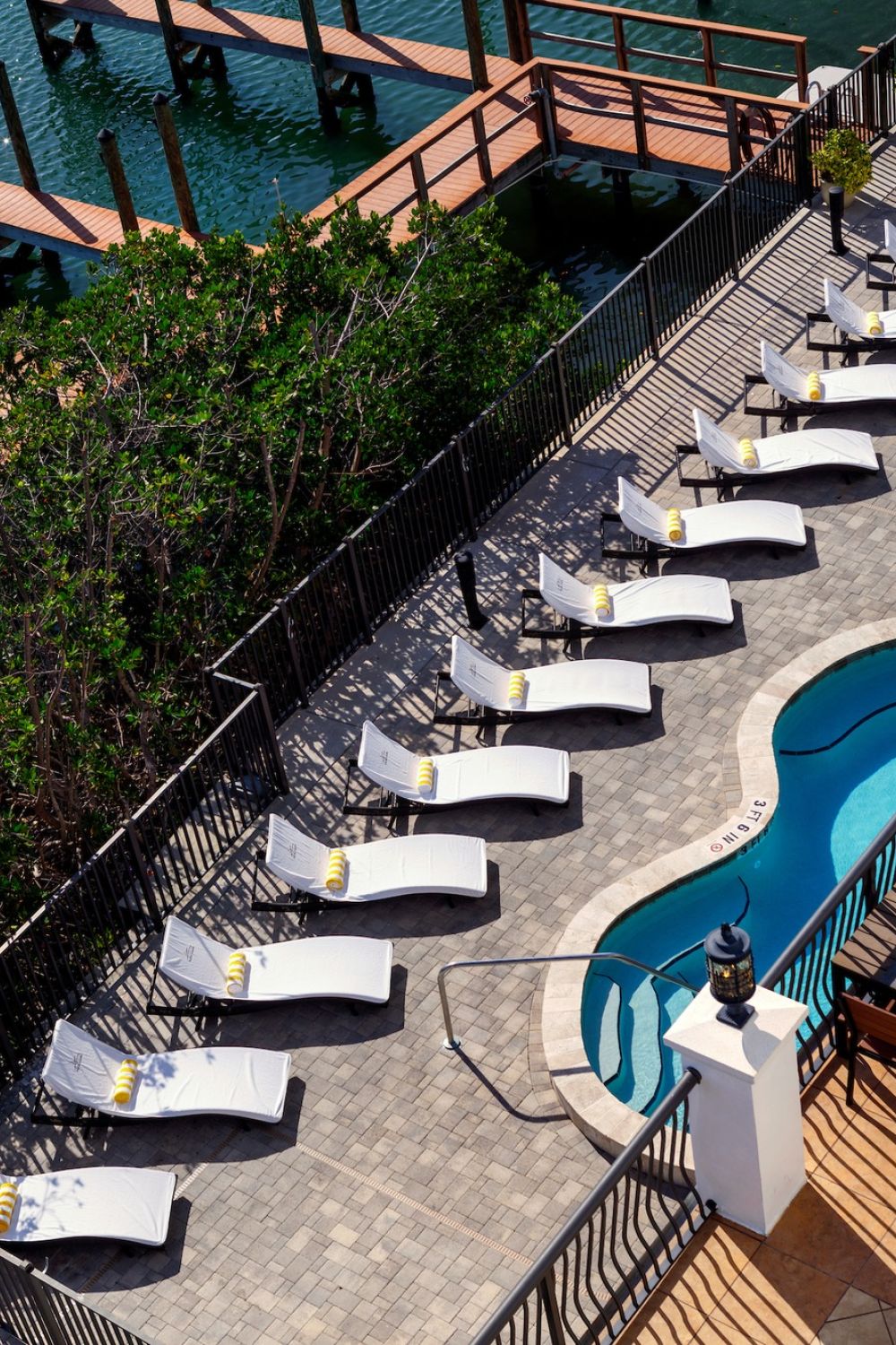 Looking down on the outdoor pool area with lounge chairs at The Hotel Zamora