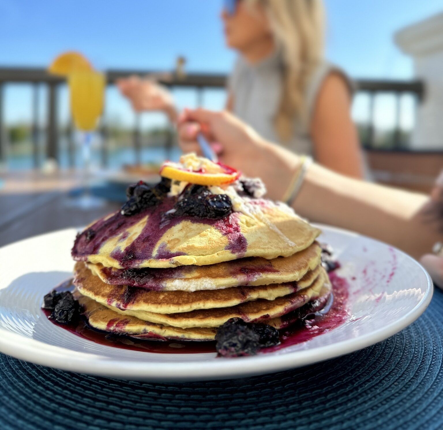 Close up of blueberry ricotta pancakes at Castile Restaurant Sunday brunch