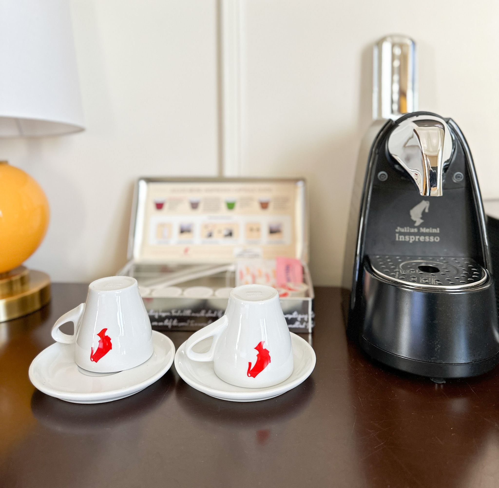 Hotel Zamora in-room coffee machine with cups and complimentary coffee